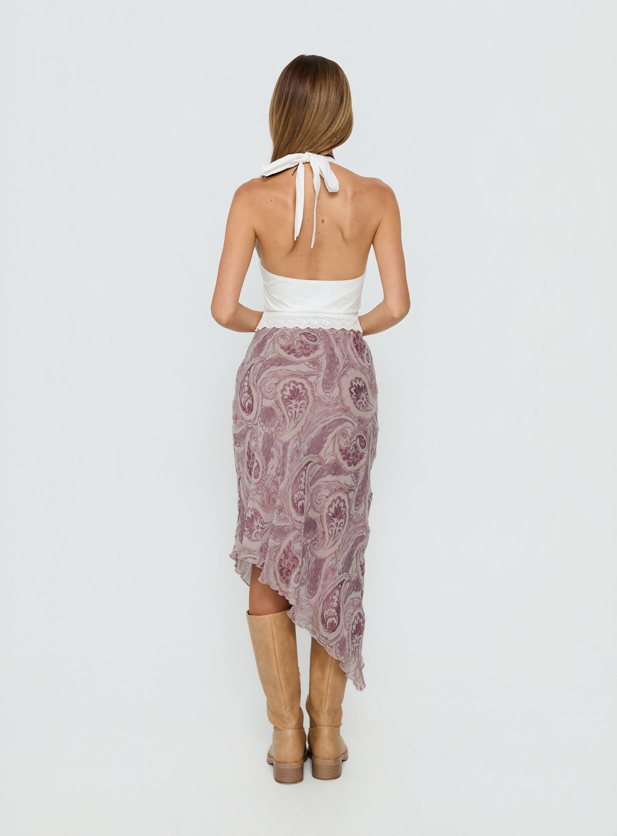 back view of model wearing Princess Polly Suella Asymmetrical Midi Skirt Paisley Multi Skirts 