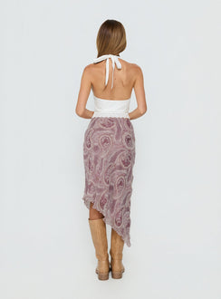 back view of model wearing Princess Polly Suella Asymmetrical Midi Skirt Paisley Multi Skirts 