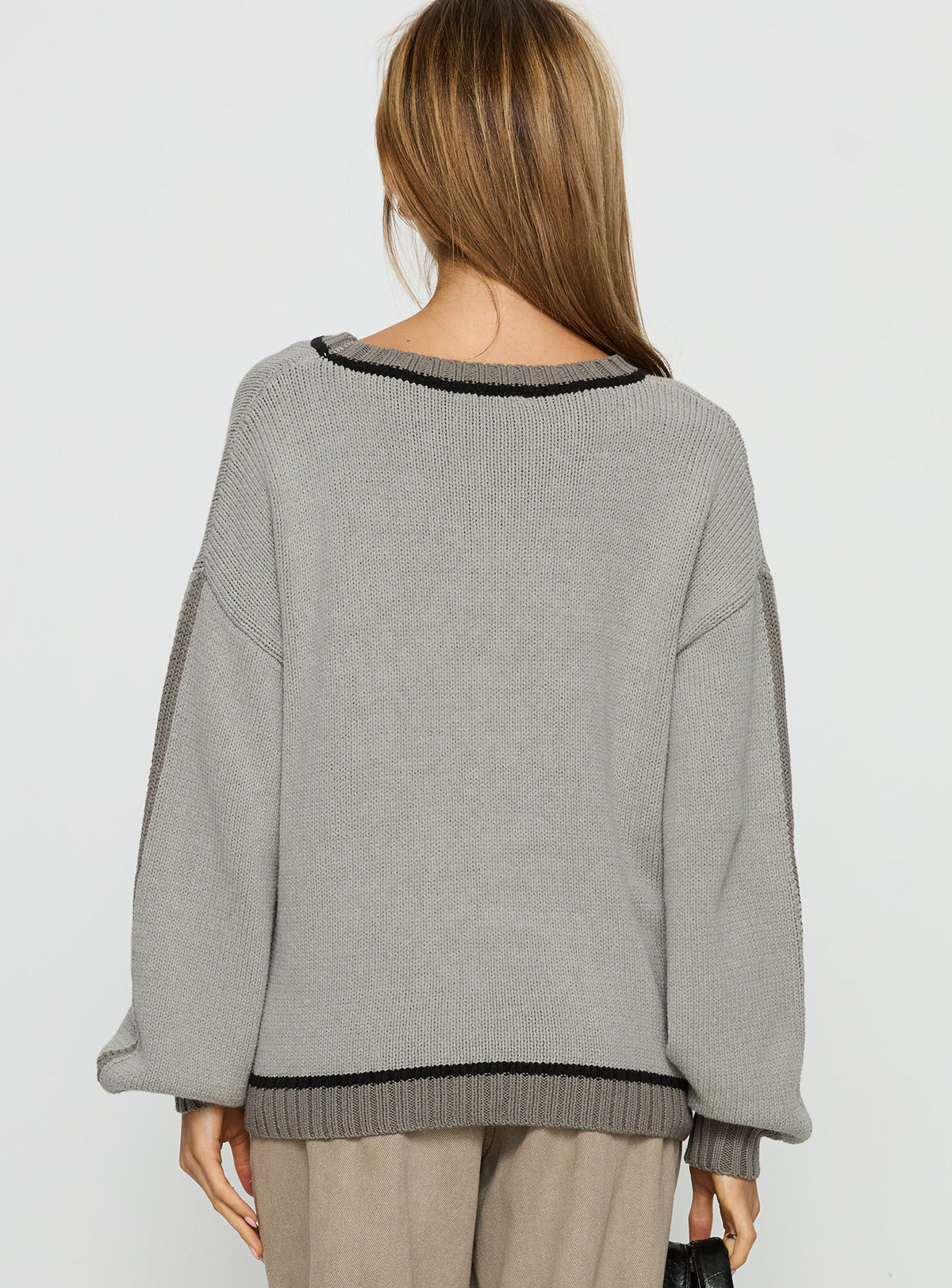 back view of model wearing Princess Polly Star Track Graphic Jumper Grey Longline Jumpers Jumpers 