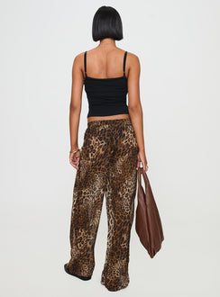 back view of model wearing Princess Polly Fyre Wide Leg Pant Leopard Petite Low Rise Pants Pants 