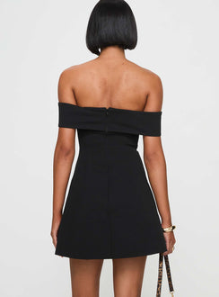 back view of model wearing Princess Polly Lanes Off The Shoulder Mini Dress Black Tall Sweetheart Neckline 