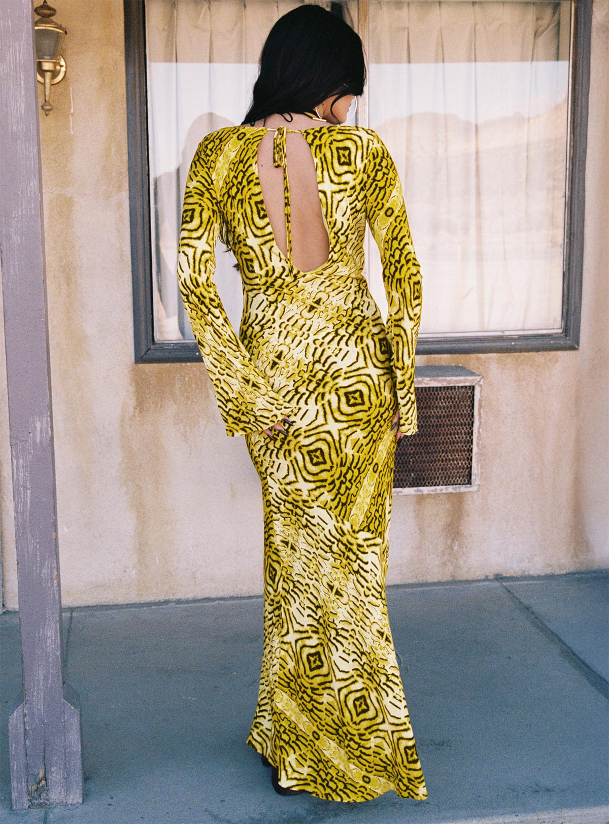 back view of model wearing Princess Polly Setting Sun Long Sleeve Maxi Dress Yellow / Black Scoop Neck 