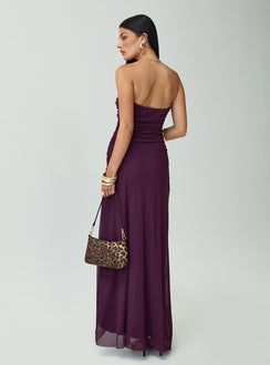 back view of model wearing Princess Polly Barbarella Strapless Maxi Dress Purple Sweetheart Neckline 
