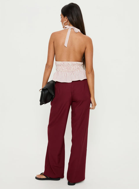 back view of model wearing Princess Polly Good Riddance Pleat Tie Slouch Pants Burgundy Mid Rise Pants Pants 