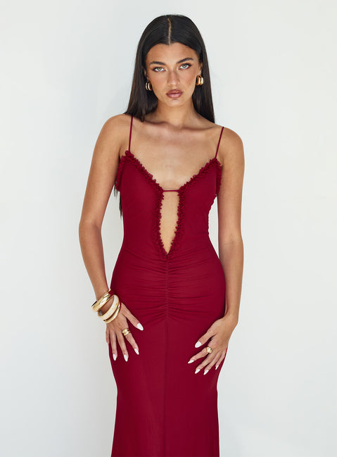 front view of model wearing Princess Polly Capisce Maxi Dress Red Petite Sweetheart Neckline 