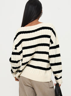 back view of model wearing Princess Polly Elenita Wide Neck Knit Sweater Black / White Longline Jumpers Jumpers 