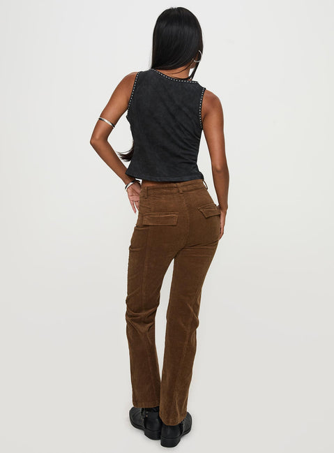 back view of model wearing Princess Polly Feature Pants Brown High Rise Pants Pants 