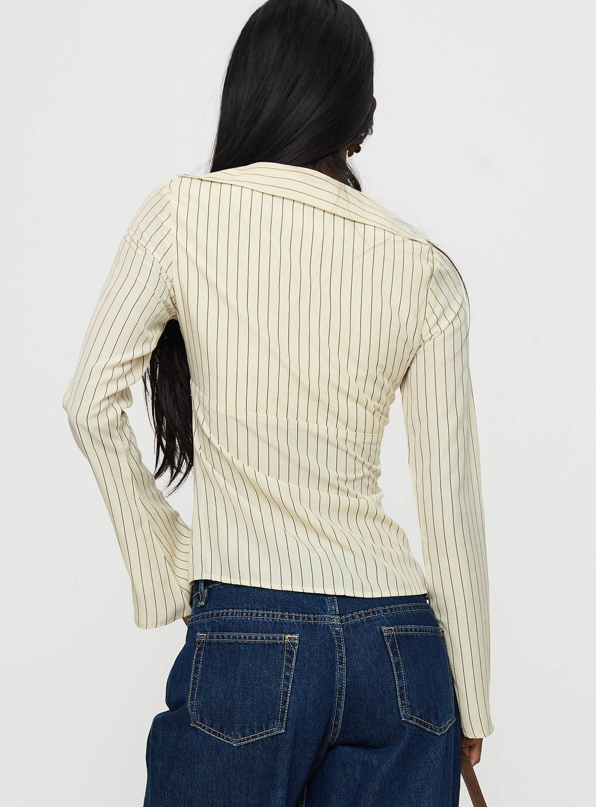 back view of model wearing Princess Polly Life Begins Long Sleeve Lace Trim Top Cream Stripe Full Sleeves V-Neck 