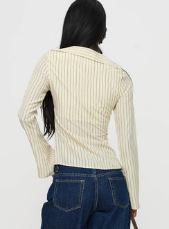 back view of model wearing Princess Polly Life Begins Long Sleeve Lace Trim Top Cream Stripe Full Sleeves V-Neck 