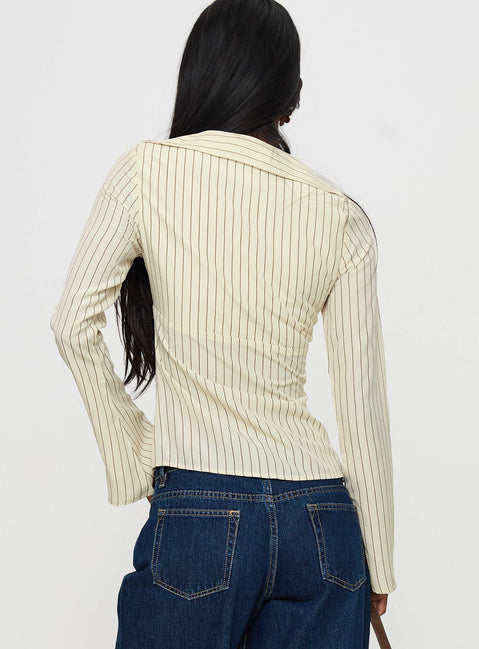 back view of model wearing Princess Polly Life Begins Long Sleeve Lace Trim Top Cream Stripe Full Sleeves V-Neck 