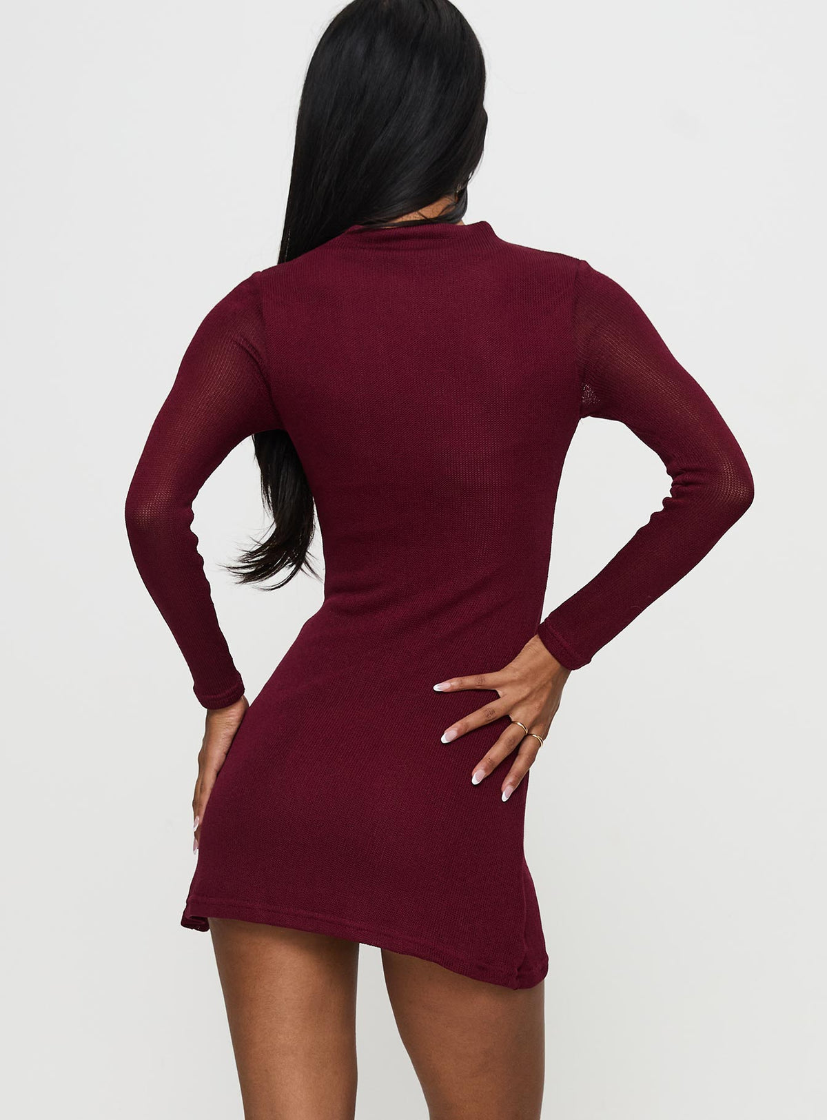 back view of model wearing Princess Polly Primavera Long Sleeve Mini Dress Wine High Neck 