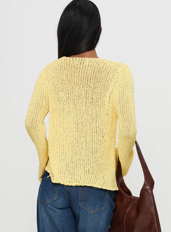 back view of model wearing Princess Polly Swain Knit Cardigan Lemon Jumpers 