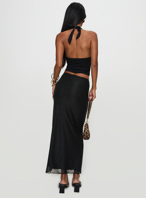 back view of model wearing Princess Polly Satine Maxi Skirt Black Maxi Skirts Skirts 