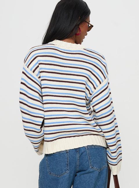 back view of model wearing Princess Polly Karolyn Sweater Blue Stripe Longline Jumpers Jumpers 