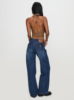 back view of model wearing Princess Polly Everlong Mid Rise Wide Leg Jeans Dark Blue Wash Mid Rise Jeans Jeans 