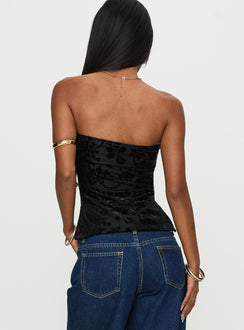 back view of model wearing Princess Polly Attlee Strapless Top Black Floral Sleeveless straight 