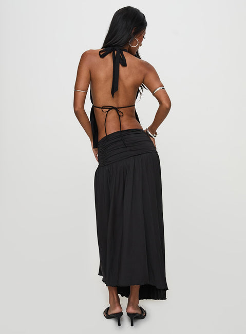 back view of model wearing Princess Polly Gezabele Asymmetrical Maxi Skirt Black Maxi Skirts Skirts 
