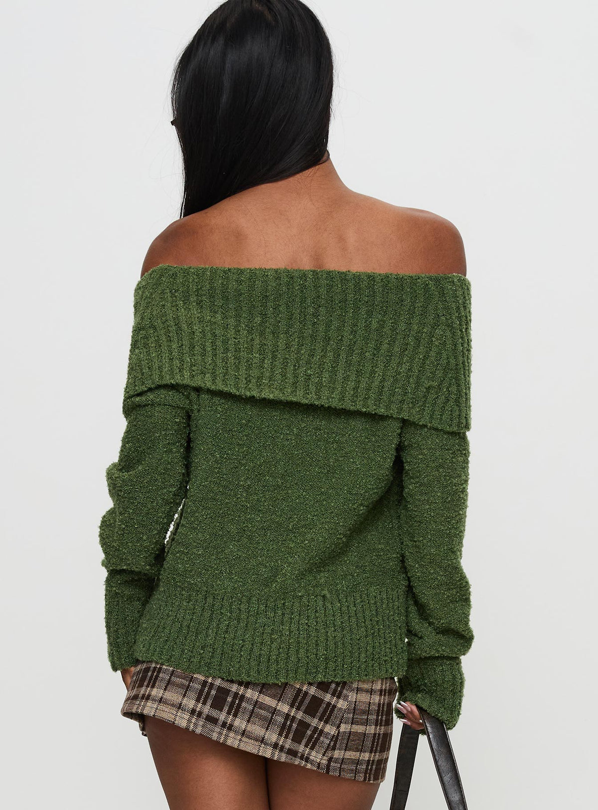 back view of model wearing Princess Polly Parkley Boucle Off The Shoulder Sweater Olive Longline Jumpers Jumpers 