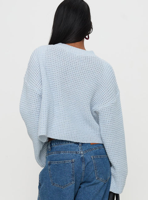 back view of model wearing Princess Polly Elinda Knit Sweater Blue Cropped Jumpers Jumpers 