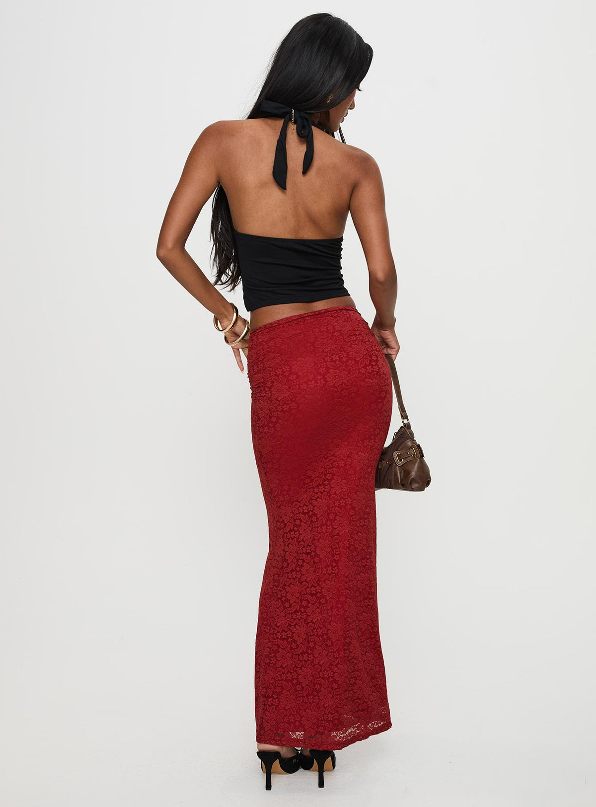 back view of model wearing Princess Polly Silene Maxi Skirt Red Skirts 