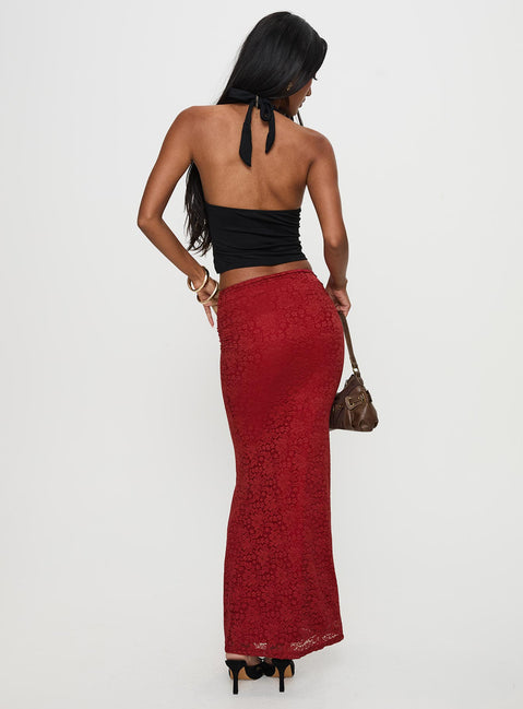back view of model wearing Princess Polly Silene Maxi Skirt Red Skirts 
