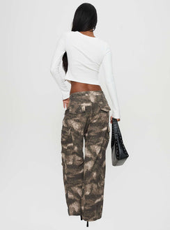 back view of model wearing Princess Polly Mischief Camo Pants Green Low Rise Pants Pants 