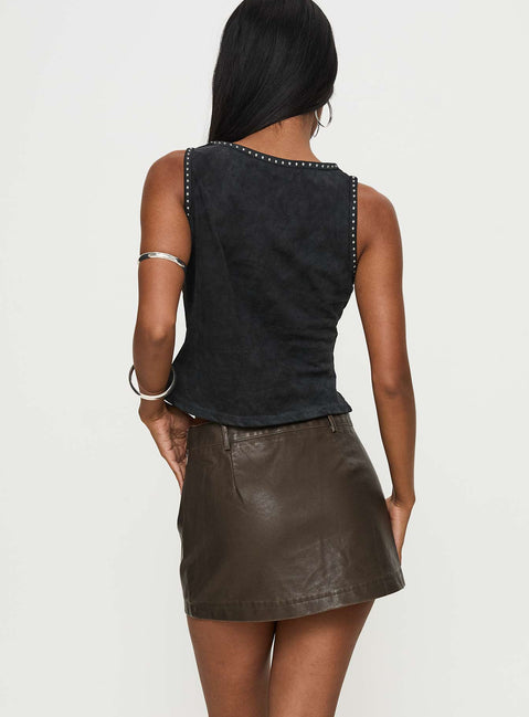 back view of model wearing Princess Polly Traverse Faux Leather Mini Skirt Washed Brown Mini Skirts Skirts 