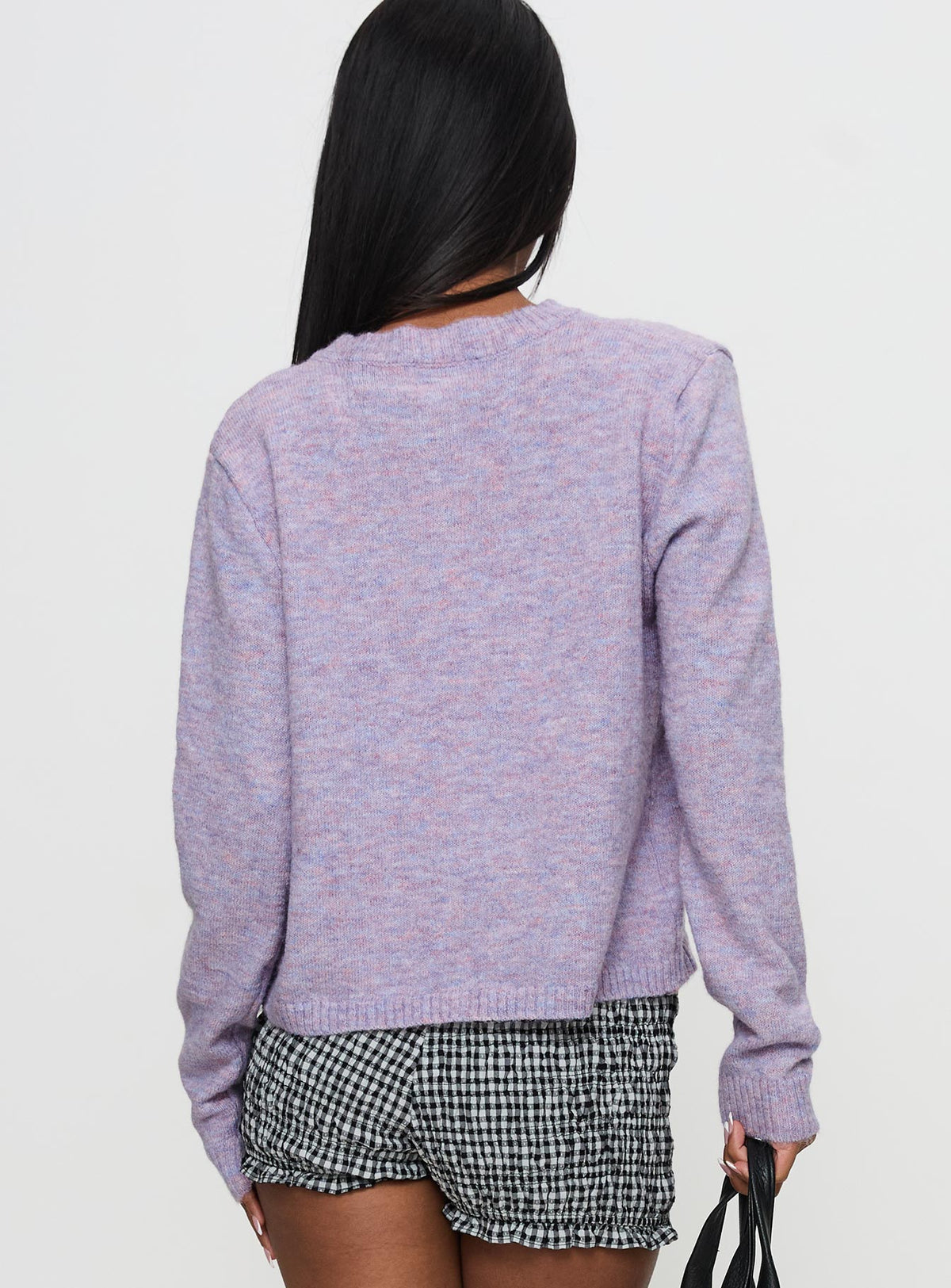 back view of model wearing Princess Polly Denmark Cardigan Lilac Cropped Jumpers Jumpers 