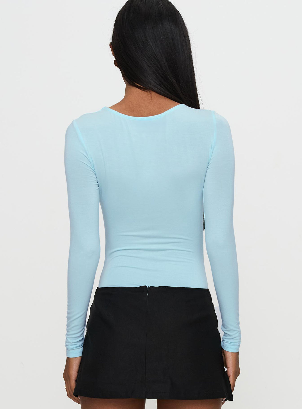 back view of model wearing Princess Polly Glorious Look Twist Detail Bodysuit Blue Long Sleeve Tops Bodysuit 