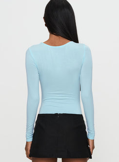 back view of model wearing Princess Polly Glorious Look Twist Detail Bodysuit Blue Long Sleeve Tops Bodysuit 