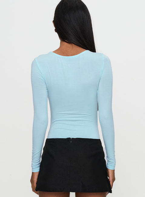 back view of model wearing Princess Polly Glorious Look Twist Detail Bodysuit Blue Long Sleeve Tops Bodysuit 