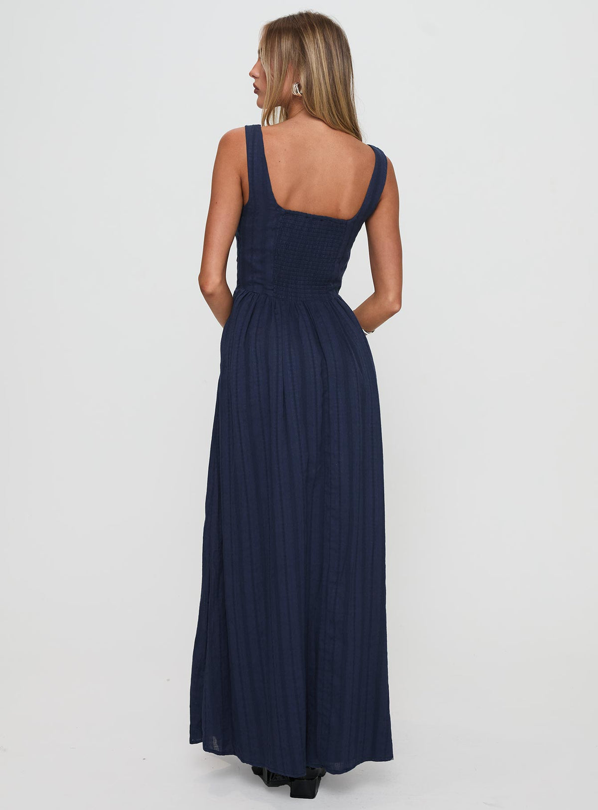 back view of model wearing Princess Polly Lorinda Maxi Dress Navy Square Neck 