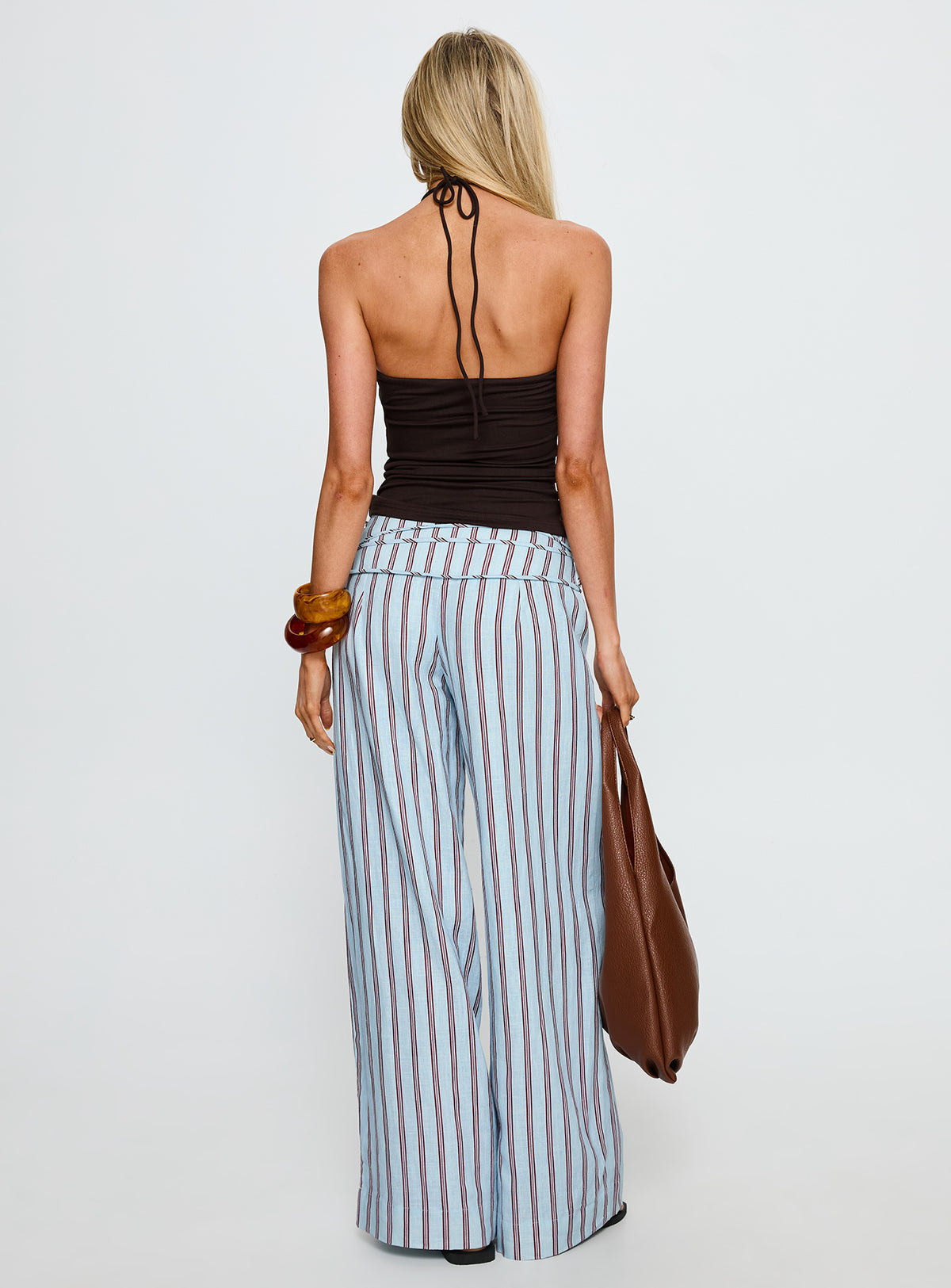 back view of model wearing Princess Polly Silver Moon Linen Blend Tie Pants Blue / Maroon Stripe Mid Rise Pants Pants 