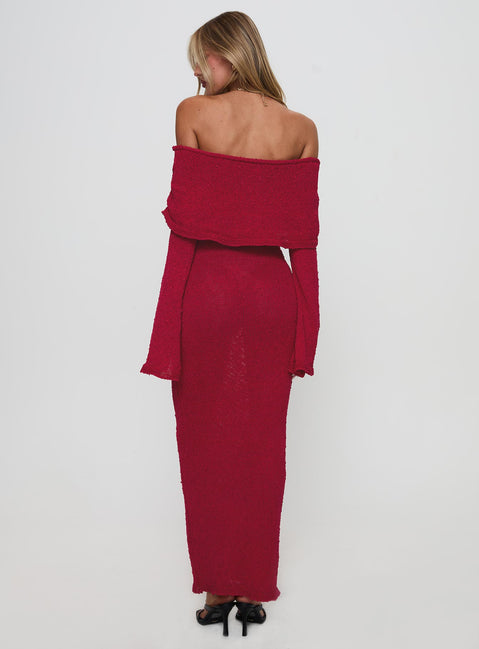 back view of model wearing Princess Polly Aleyah Long Sleeve Maxi Dress Burgundy Straight Neck 