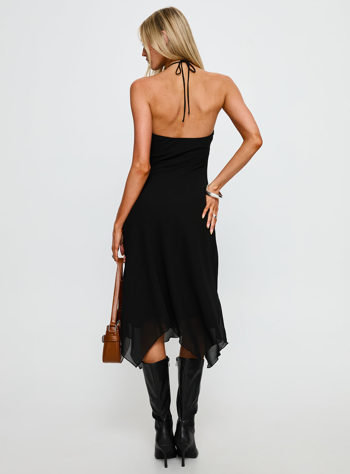 Naila Halter Lace Trim Midi Dress Black