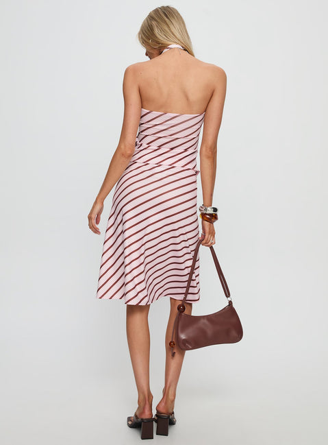 back view of model wearing Princess Polly Esmeray Midi Skirt Pink Stripe Skirts 