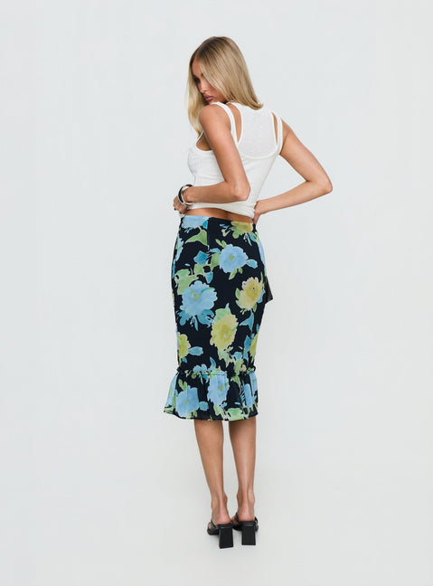 back view of model wearing Princess Polly Tarla Midi Skirt Crystal Black Flower Midi Skirts Skirts 