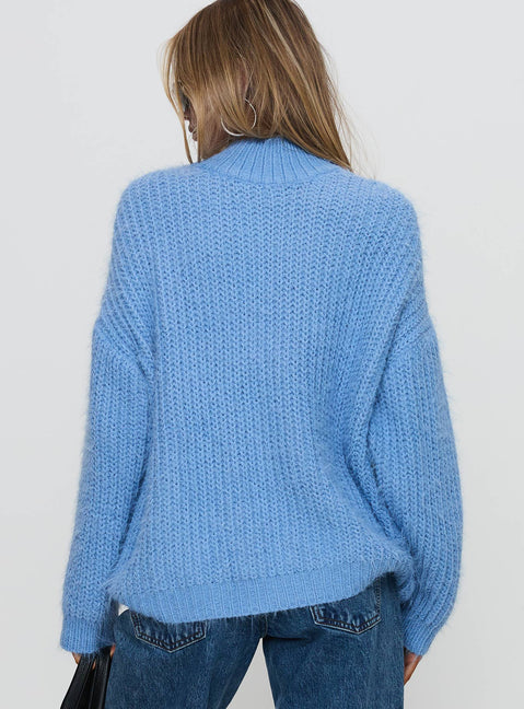 back view of model wearing Princess Polly Gavelston Crew Neck Waffle Sweater Blue Longline Jumpers Jumpers 