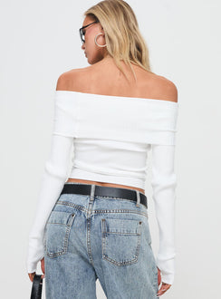 back view of model wearing Princess Polly Morley Off Shoulder Sweater White cropped Jumpers 