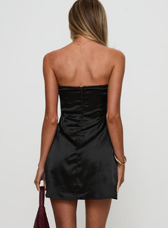 back view of model wearing Princess Polly Veritie Strapless Mini Dress Black Sweetheart Neckline 