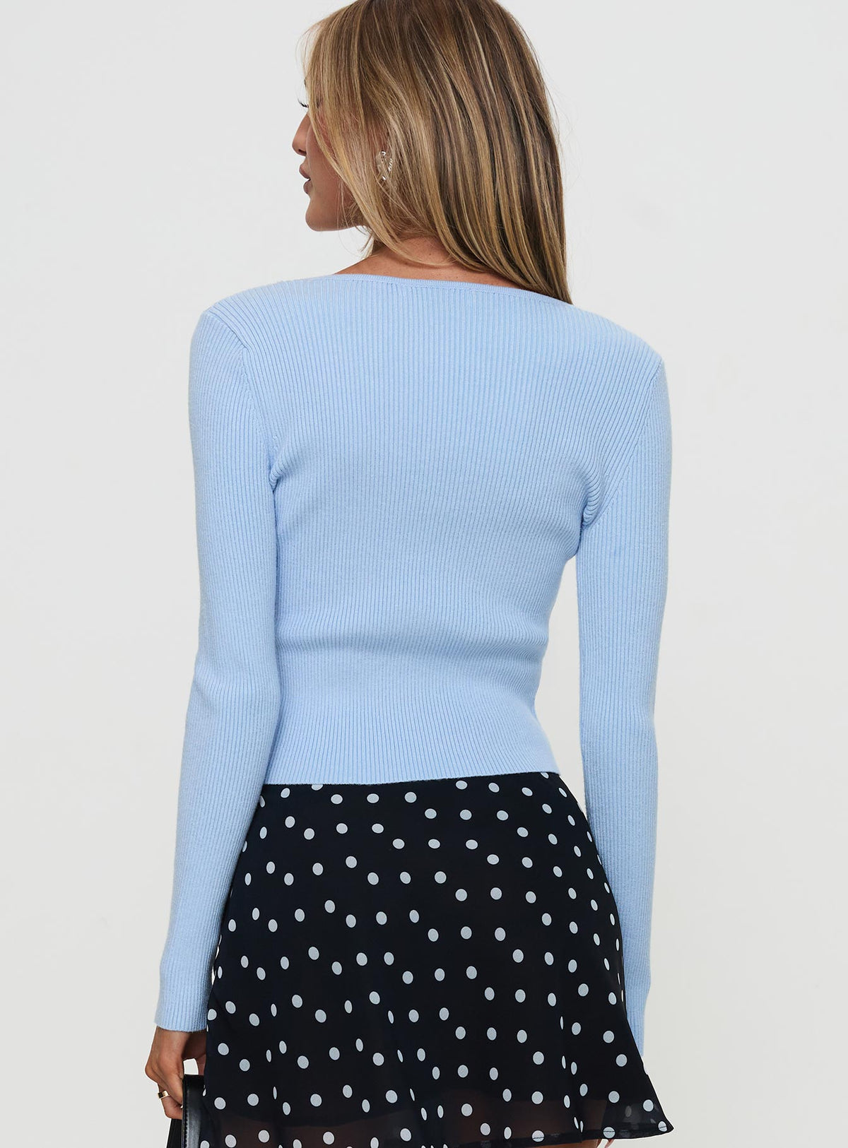 back view of model wearing Princess Polly Ophira Twist Detail Long Sleeve Top Blue Full Sleeves V-Neck 