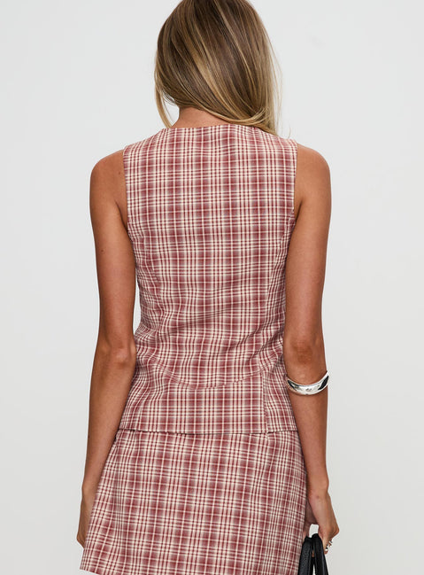 back view of model wearing Princess Polly Theodosia Top Red Check Sleeveless Crew Neck 