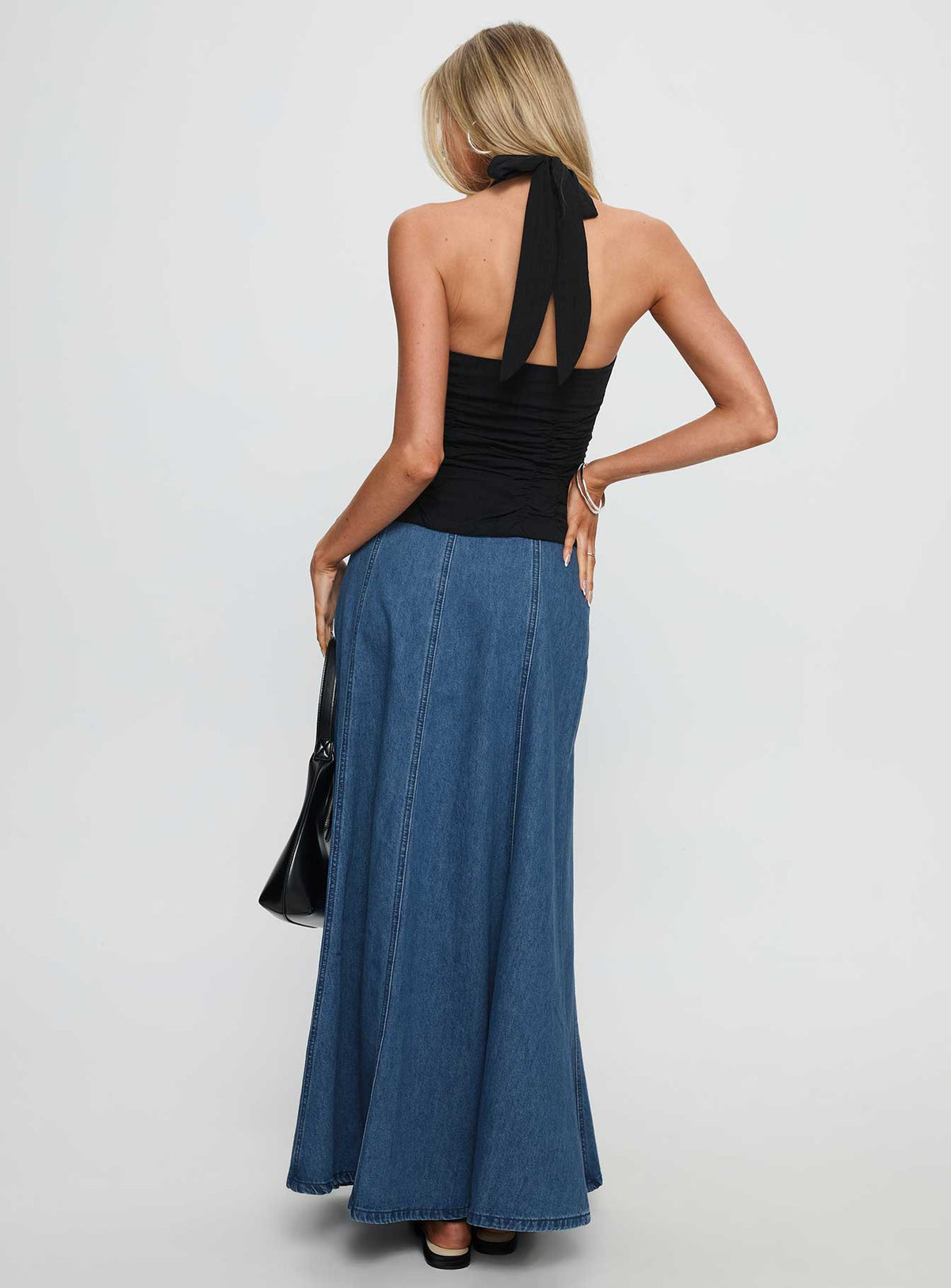 back view of model wearing Princess Polly Charleigh Soft Pleat Denim Maxi Skirt Mid Blue Wash Maxi Skirts Skirts 