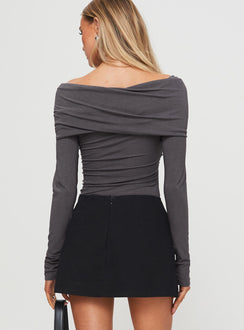 back view of model wearing Princess Polly Sundlow Off Shoulder Bodysuit Slate Long Sleeve Tops Bodysuit 