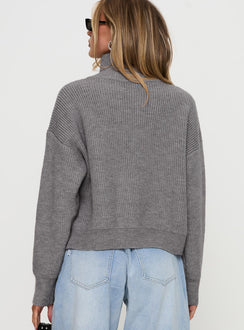 back view of model wearing Princess Polly Too Busy Zip Up Sweater Grey Cropped Jumpers Jumpers 