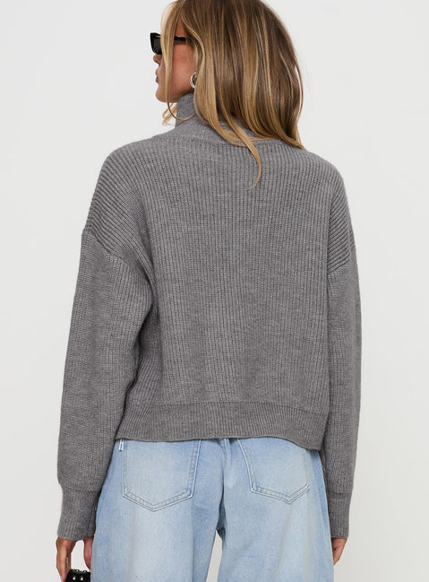 back view of model wearing Princess Polly Too Busy Zip Up Sweater Grey Cropped Jumpers Jumpers 