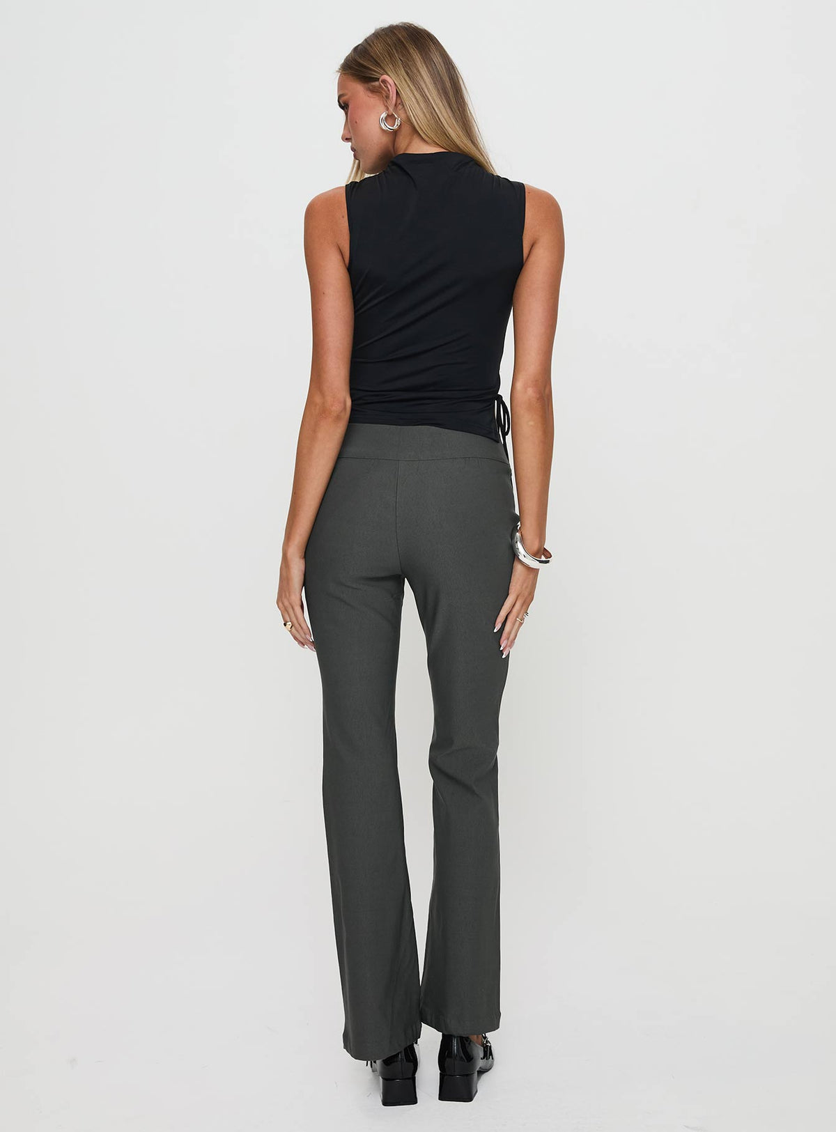 back view of model wearing Princess Polly Everyday Flared Pants Slate Grey High Rise Pants Pants 