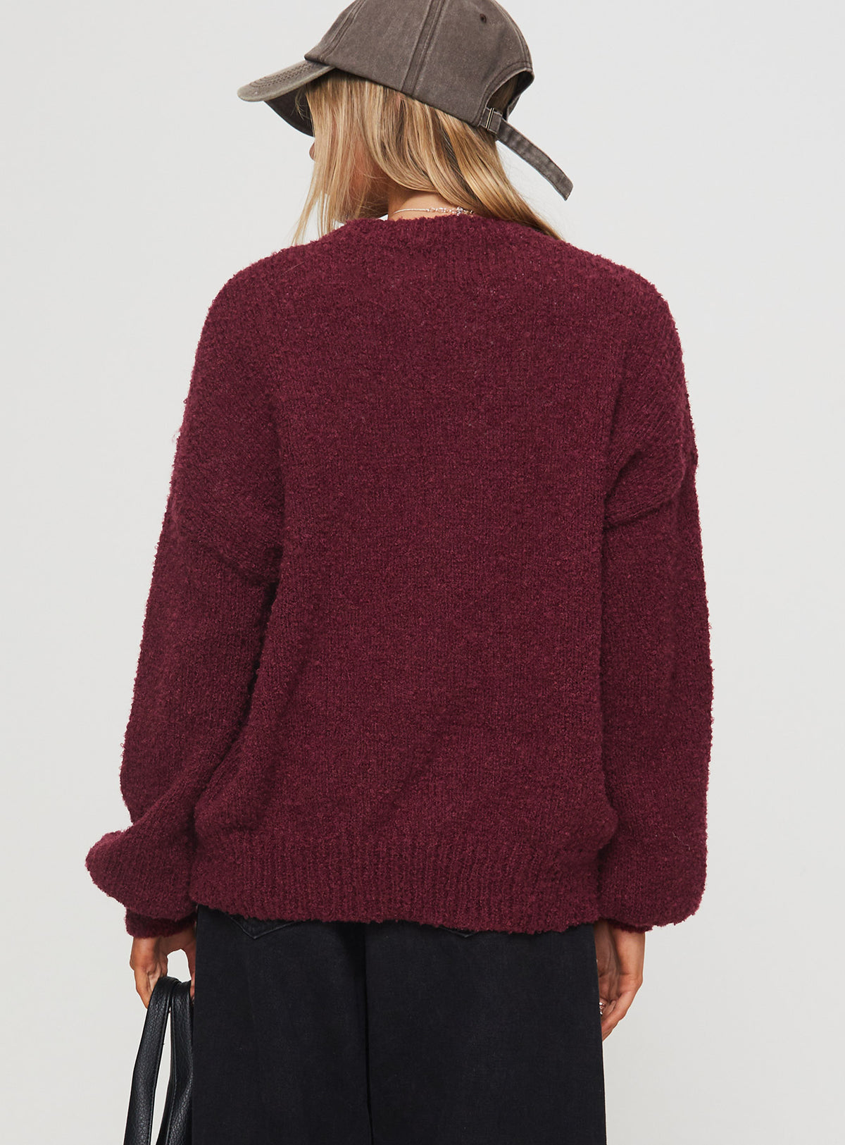 back view of model wearing Princess Polly Niomie Knit Sweater Burgundy Longline Jumpers Jumpers 
