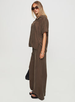 side view of model wearing Princess Polly Mahlab Pants Chocoloate High Rise Pants Pants 