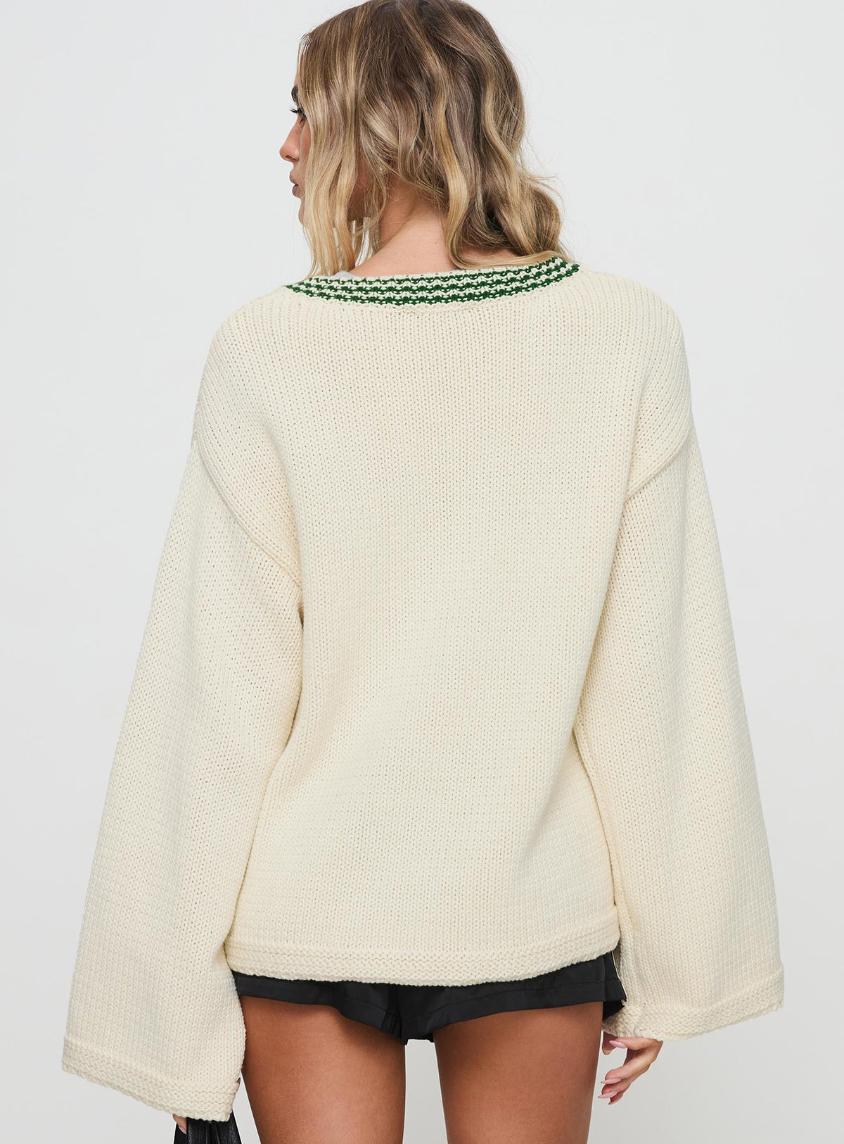 back view of model wearing Princess Polly Old Sport Knit Sweater Multi Longline Jumpers Jumpers 